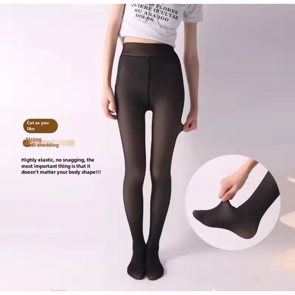 Black Fleece Lined Tights Sheer Look Thermal High Waist Elastic Pantyhose